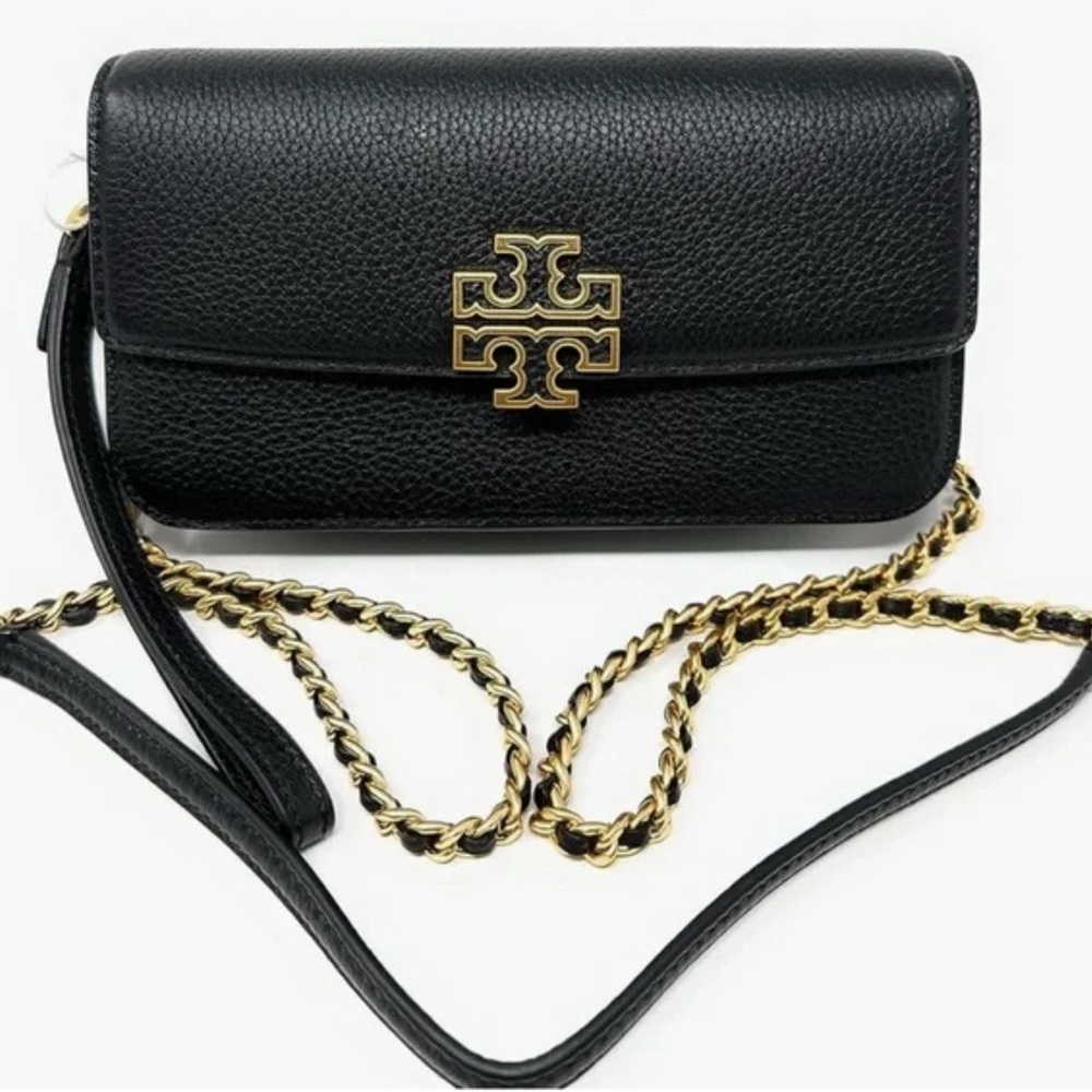NEW| Tory Burch Black Crossbody Bag with Gold Chain| Britten Pebble